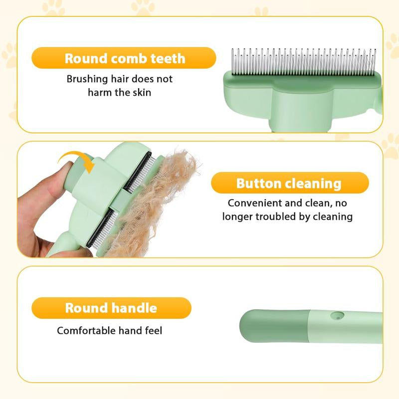 Pet Hair Removal Comb with Release Button for Cats and Dogs, De-Shedding Brush with Long & Short Stainless Steel Teeth for Efficient Hair Removal